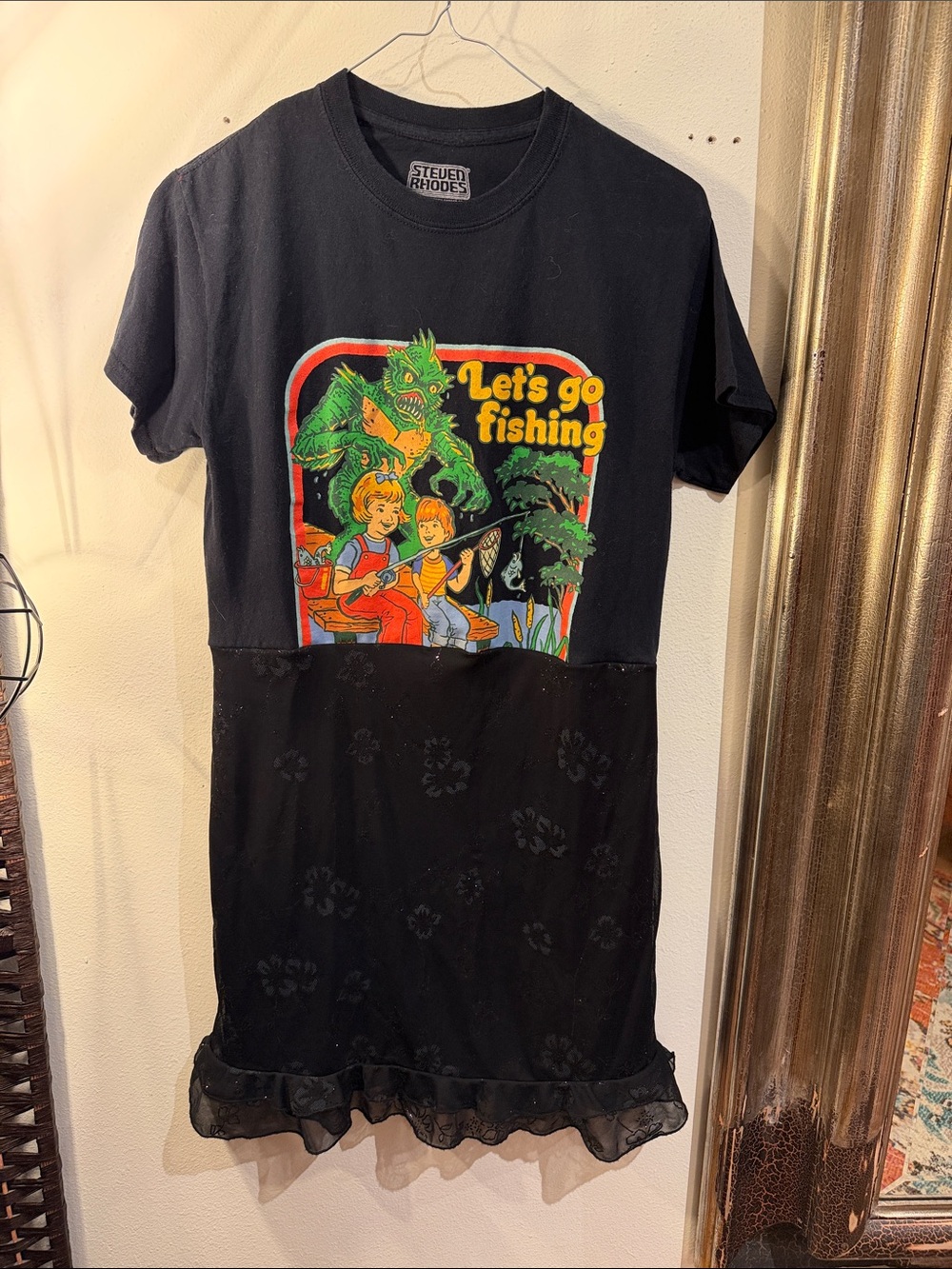 OOAK Upcycled Graphic tee Let's Go Fishing Dress w/ glitter floral skirt - Black
